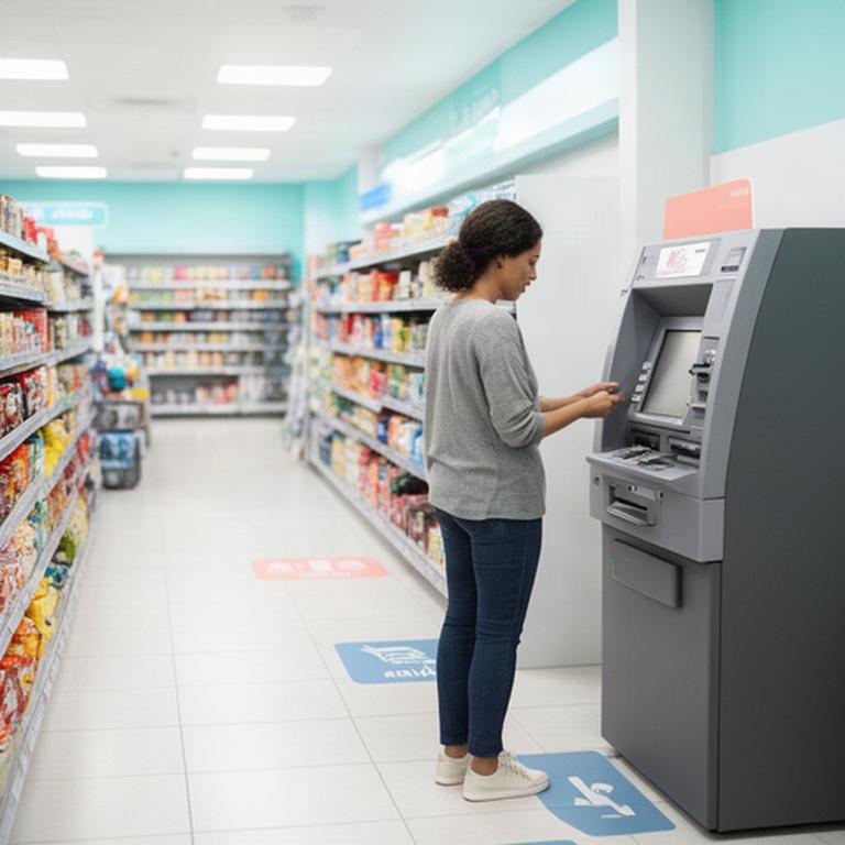 明るいコンビニ店内でATMを利用する来店客と、通路を確保した待機スペース